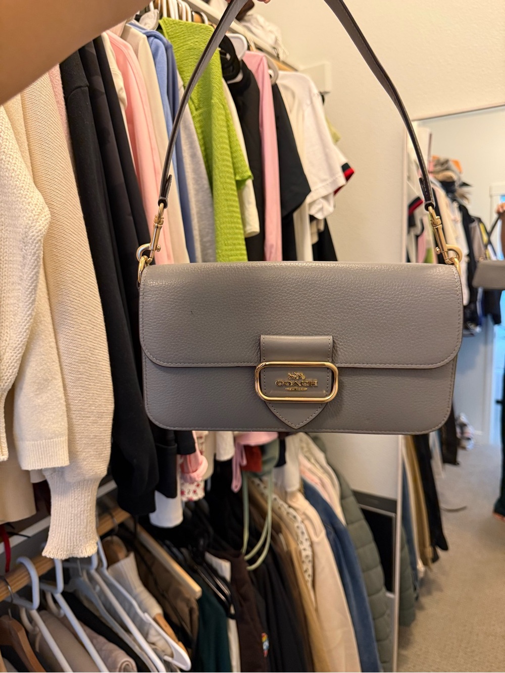 Coach Gray Pebbled Leather Shoulder Bag with Gold Hardware